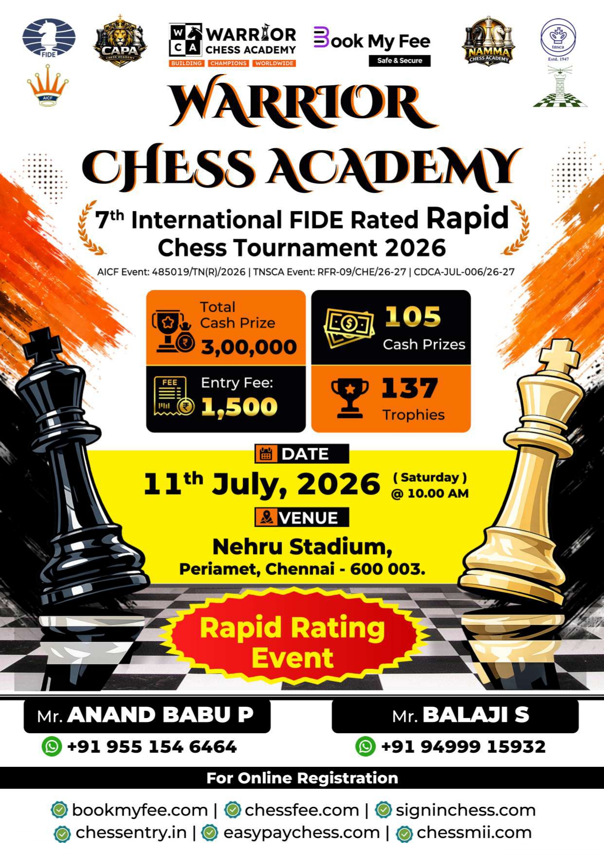 ⭐WARRIOR CHESS ACADEMY⭐ 7th INTERNATIONAL FIDE RATED RAPID CHESS TOURNAMENT 2026 🏆 3 LAKHS CASH PRIZE 🏆