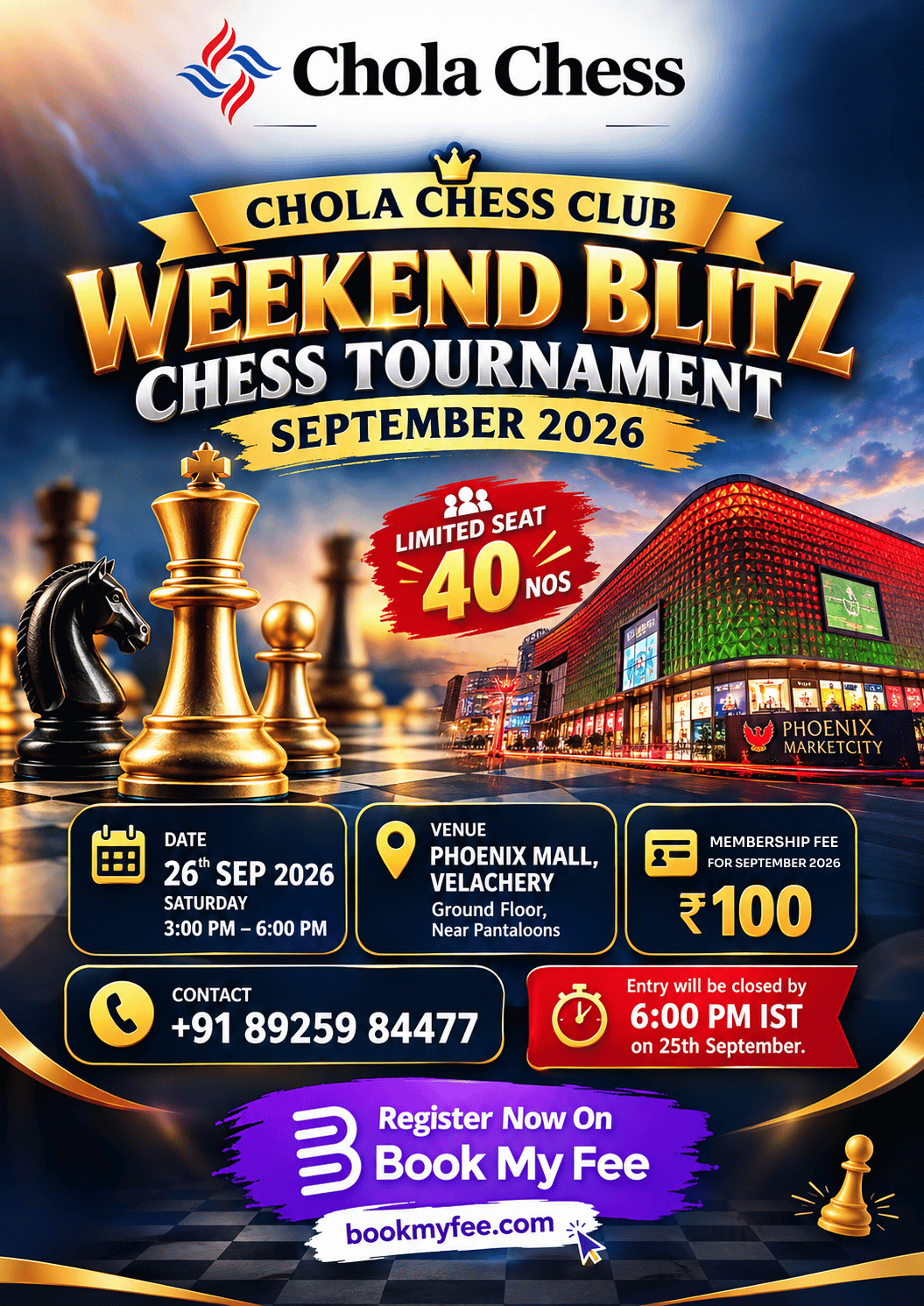 ⭐CHOLA CHESS CLUB⭐ WEEKEND BLITZ CHESS TOURNAMENT - SEPTEMBER 2026 *(ONLY FOR CHESS CLUB MEMBERS)